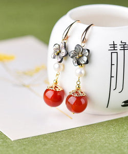 Elegant Red Agate Pearl Shell Flower Silver Drop Earrings Jew-EAR220805