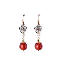 Elegant Red Agate Pearl Shell Flower Silver Drop Earrings Jew-EAR220805