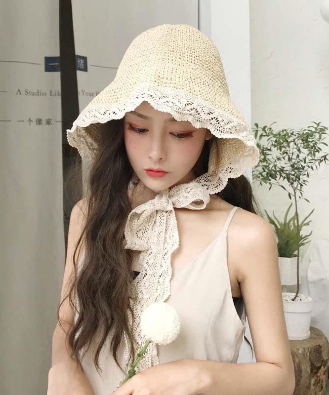 Elegant White Patchwork Lace Lace Up Straw Woven Floppy Sun Hat dylinoshop