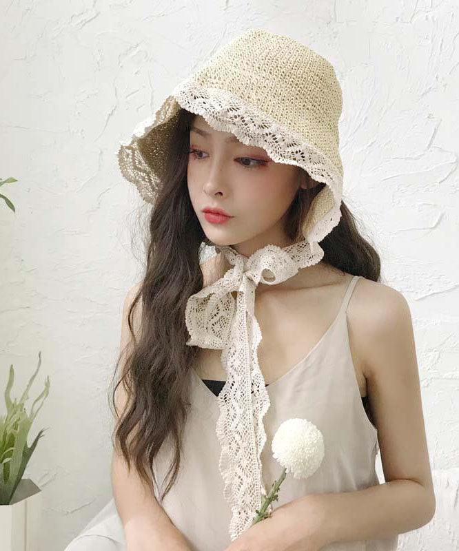 Elegant White Patchwork Lace Lace Up Straw Woven Floppy Sun Hat dylinoshop