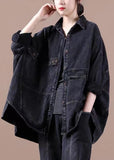 Fashion Black Loose Button Patchwork asymmetrical design Fall Denim Long sleeve Blouse Tops BSJK-CTS211013