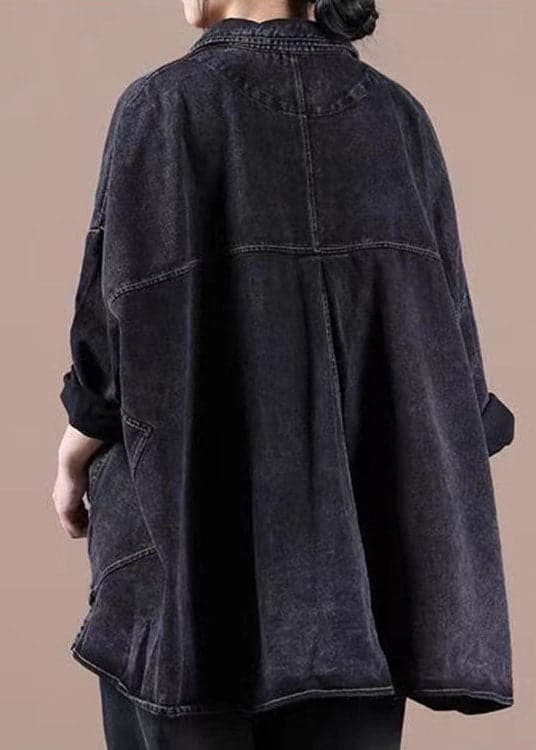 Fashion Black Loose Button Patchwork asymmetrical design Fall Denim Long sleeve Blouse Tops BSJK-CTS211013