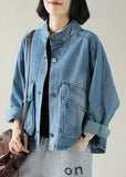Fashion Blue Stand Collar Button Big Pockets Denim Coat Long Sleeve YLHC-CTS220310