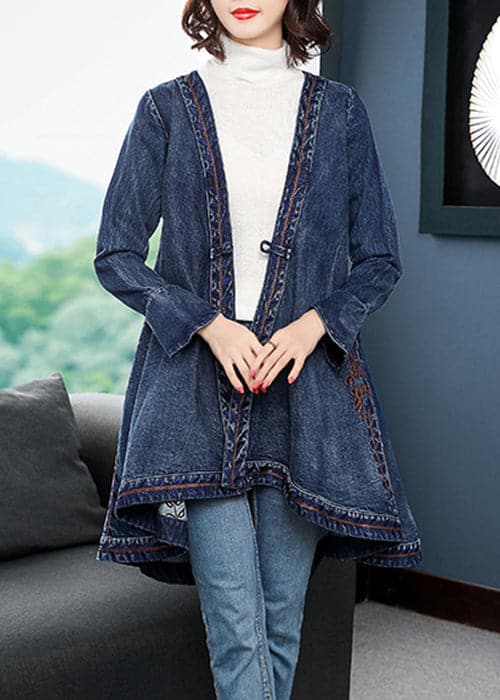 Fashion Blue low high design V Neck Embroideried Cotton Denim trench coats Long Sleeve NZ-TCT220304