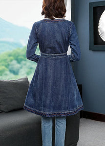 Fashion Blue low high design V Neck Embroideried Cotton Denim trench coats Long Sleeve NZ-TCT220304