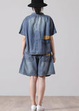 Fashion Button Blue Short Sleeve tops hot pants Denim Two Piece Suit Set WG-STP210531