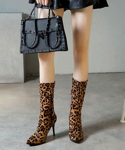 Fashion Leopard Print Genuine Leather Velour Fabric Zippered Boots Pointed Toe Boots GW-XZ22061501