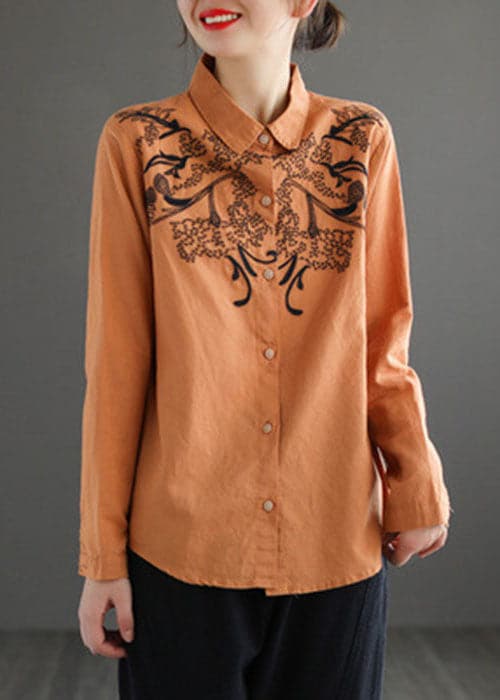 Fashion Orange Turn-down Collar Embroideried Cotton Shirt Top Long Sleeve GK-LTP220815