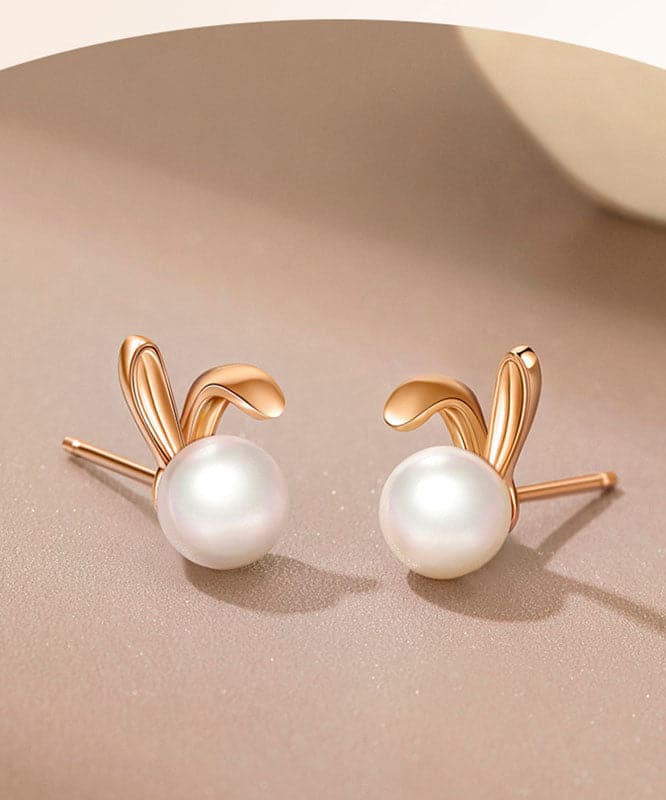 Fashion Rose Gold Rabbit Metal Pearl Stud Earrings Jew-EAR220805