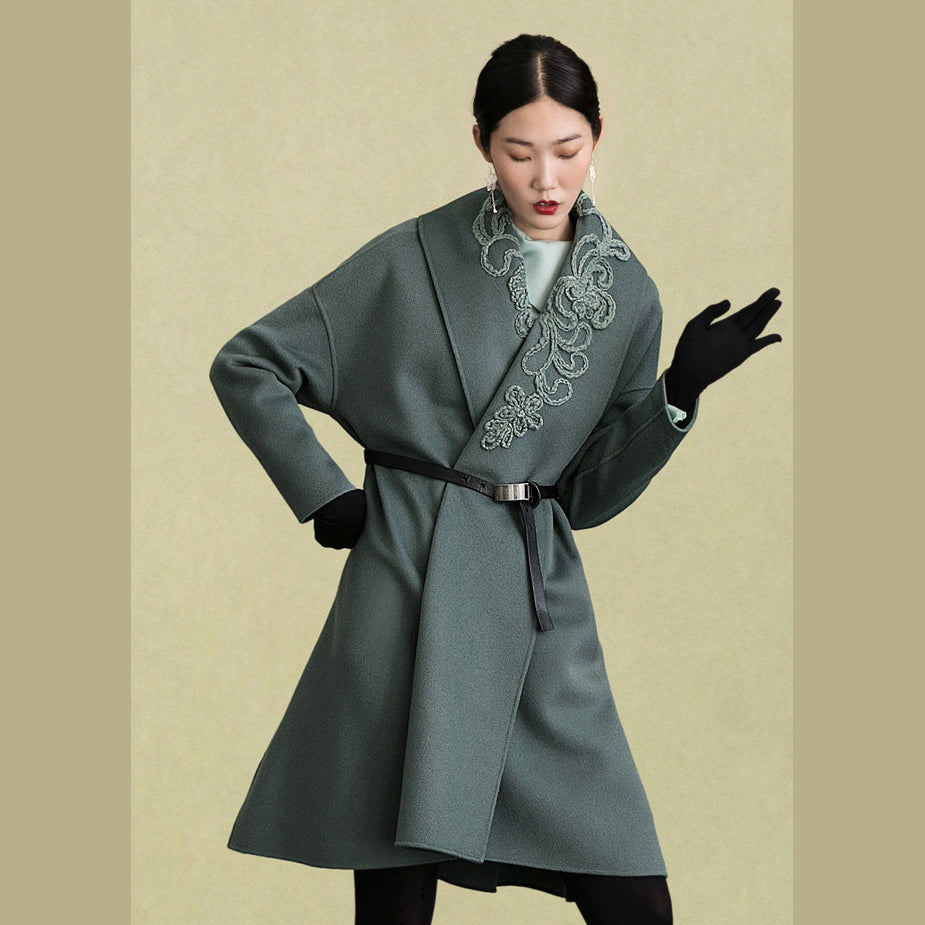 Fashion army green Woolen Coats Women plus size embroidery Winter coat long sleeve woolen outwear TCT181116