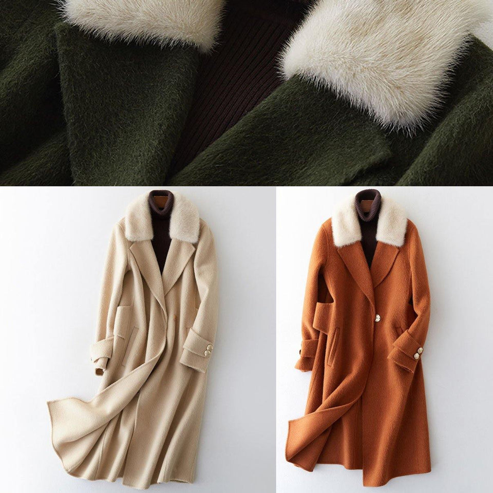 Fashion beige woolen outwear oversized long coats fur collar woolen outwear Notched TCT190821