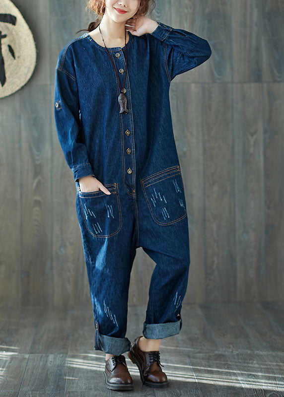 Fashion dark Blue O-Neck pockets denim Jumpsuits Spring dylinoshop