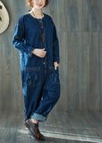 Fashion dark Blue O-Neck pockets denim Jumpsuits Spring dylinoshop