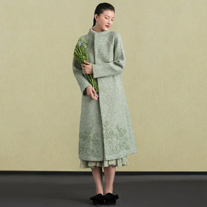 Fashion light green woolen outwear trendy plus size stand collar winter jackets embroidery women coats TCT181116