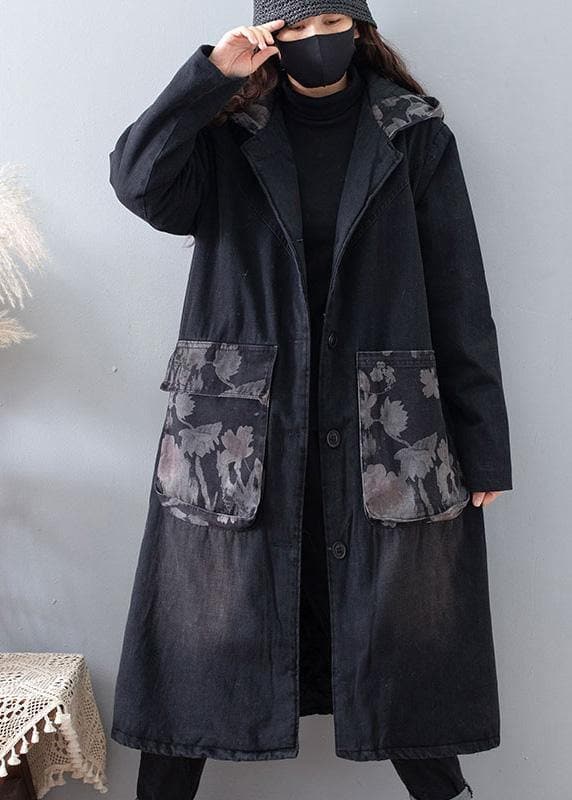 Fine Plus Size Clothing Coats Denim Black Hooded Pockets Outwear TCT210101