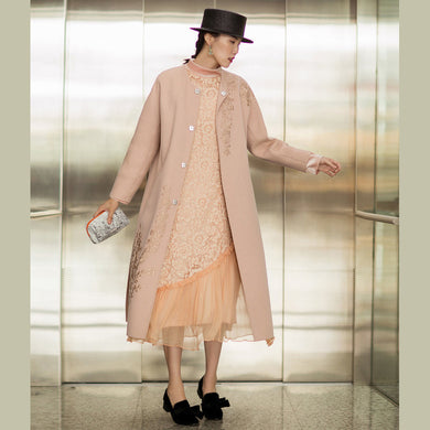 Fine nude pink Woolen Coats Women oversized long sleeve medium length jackets embroidery coats TCT181116