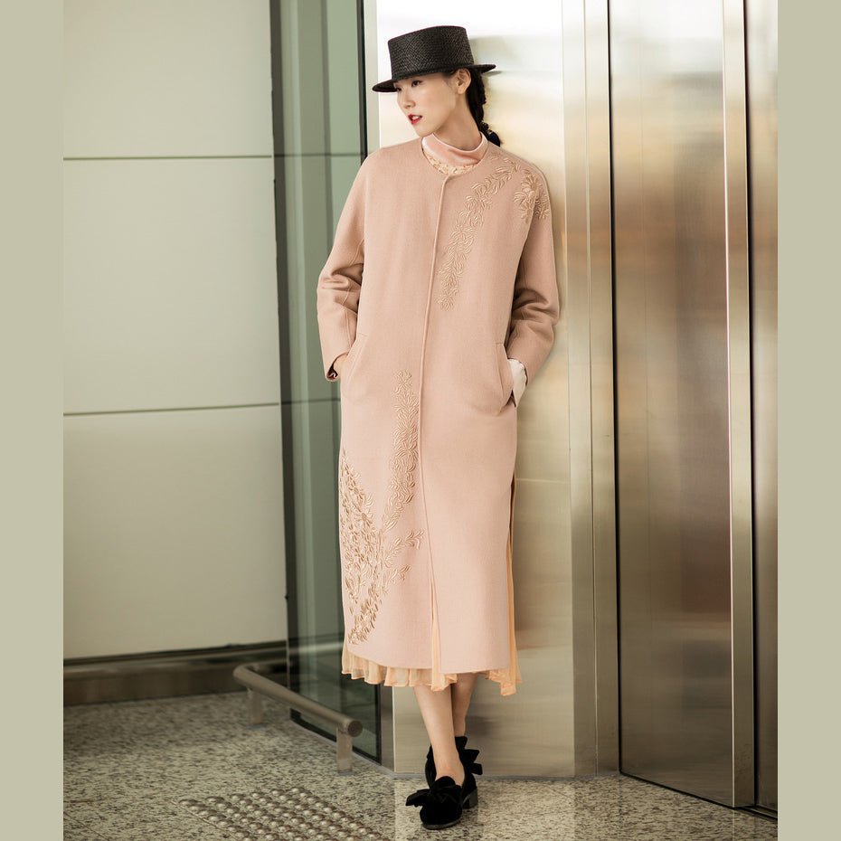 Fine nude pink Woolen Coats Women oversized long sleeve medium length jackets embroidery coats TCT181116