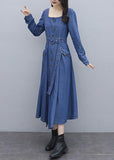 Fitted Blue Square Collar button Sashes pocket Cotton denim Dress Long Sleeve NZ-FDL220304