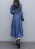 Fitted Blue Square Collar button Sashes pocket Cotton denim Dress Long Sleeve NZ-FDL220304