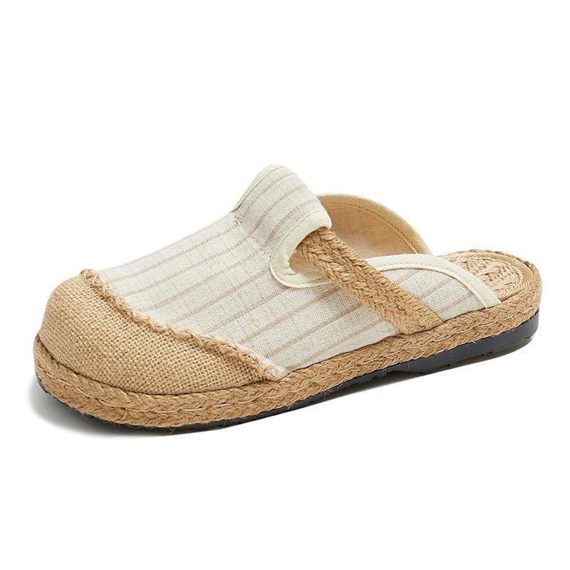 Fitted Slippers Shoes Beige Striped Cotton Linen Fabric LT210630-220630