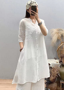 Fitted White Stand Collar Embroideried Linen Long Shirts Three Quarter sleeve gk-LTP220503