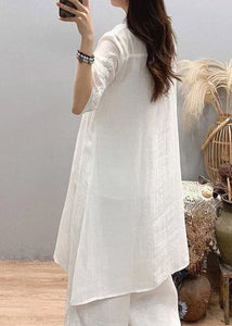 Fitted White Stand Collar Embroideried Linen Long Shirts Three Quarter sleeve gk-LTP220503