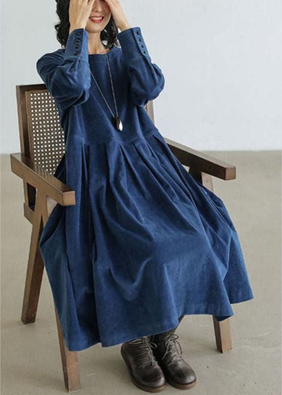 French Blue Plus Size Corduroy Dress Pockets Button Patchwork Fall Dresses BSNZ-FDM211014