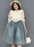 French Blue Stand Collar Hollow Out Lace Patchwork Cotton Denim Mid Dresses Short Sleeve JDML-SDM220525