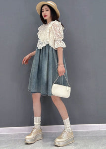 French Blue Stand Collar Hollow Out Lace Patchwork Cotton Denim Mid Dresses Short Sleeve JDML-SDM220525