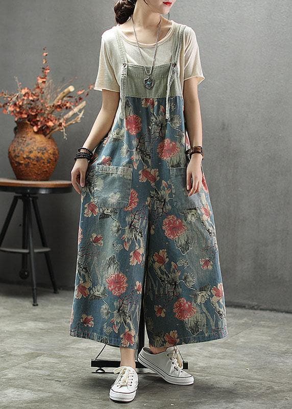 French Dark color Print Patchwork Pockets denim Outfits Rompers GK-JPTS210715