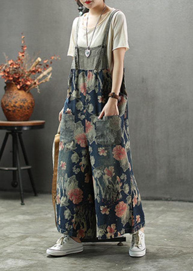 French Dark color Print Patchwork Pockets denim Outfits Rompers dylinoshop