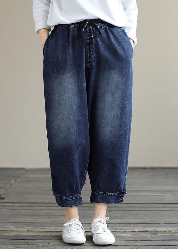 French Denim Blue Pants Plus Size Spring Elastic Waist Pockets Inspiration Women Pants LPTS210201
