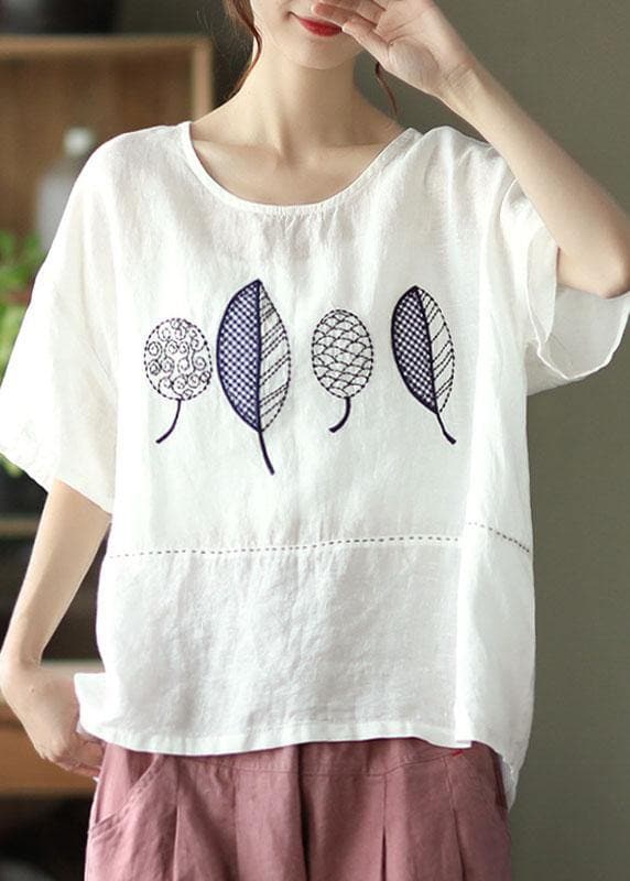 French Red Summer O-Neck Embroideried Linen Half Sleeve T Shirt GK-HTP210720