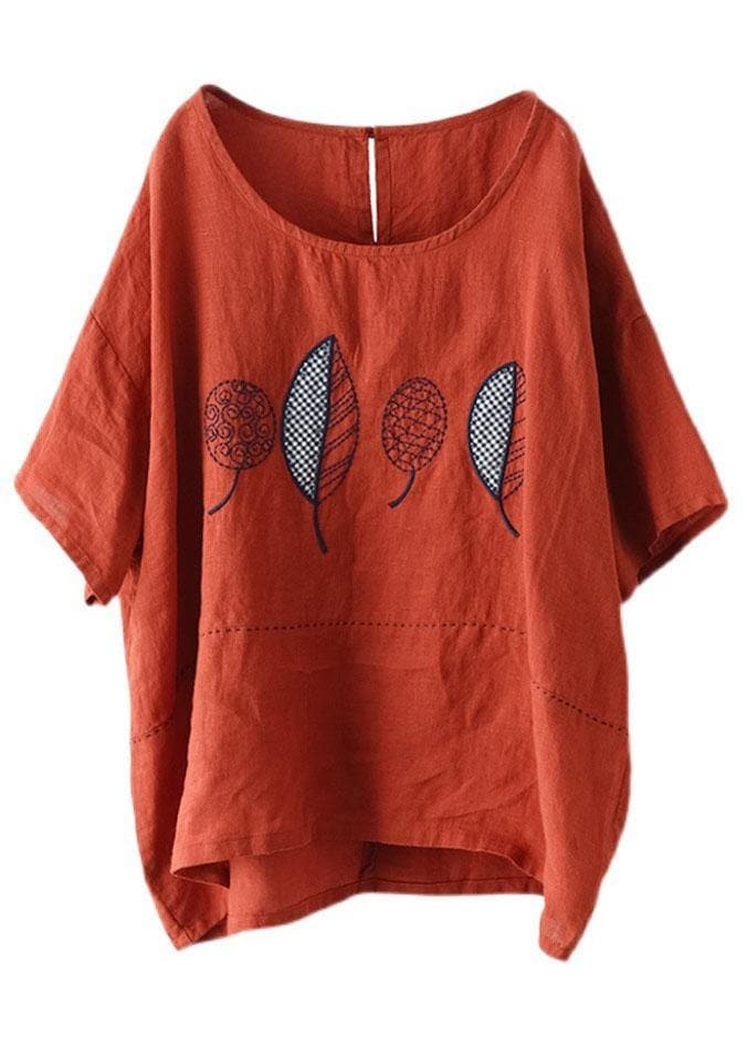 French Red Summer O-Neck Embroideried Linen Half Sleeve T Shirt GK-HTP210720