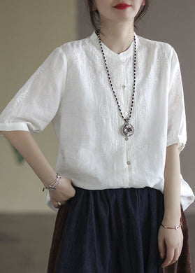 French White Button Embroideried Cotton Shirts Half Sleeve gk-HTP220503