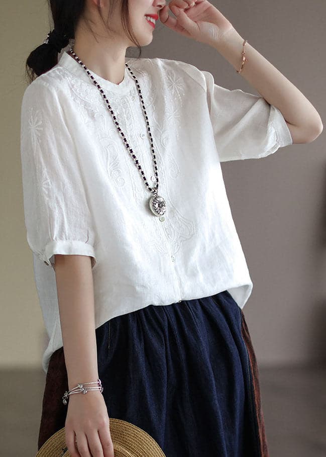 French White Button Embroideried Cotton Shirts Half Sleeve gk-HTP220503