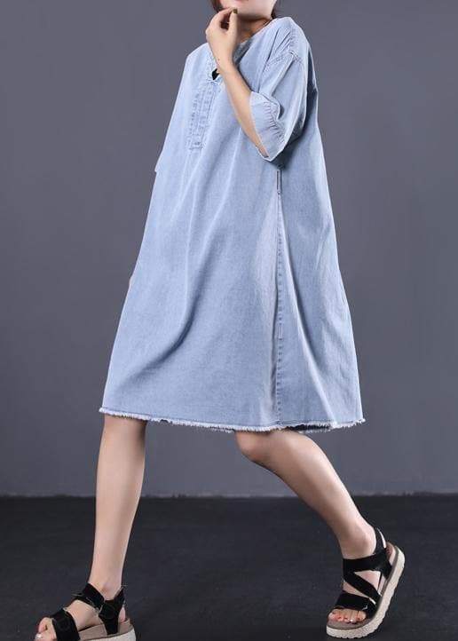 French denim blue Cotton quilting dresses v neck loose summer Dress WG-SDM190711