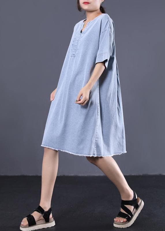 French denim blue Cotton quilting dresses v neck loose summer Dress WG-SDM190711