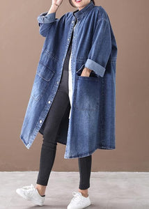 French denim blue Plus Size box coat Shape stand collar drawstring coat WG-TCT191018