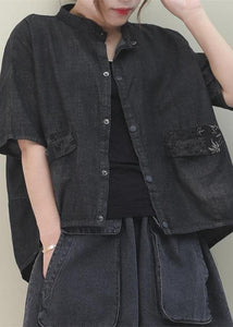 French stand colla pockets cotton Shirts Work denim black shirt WG-STP200601