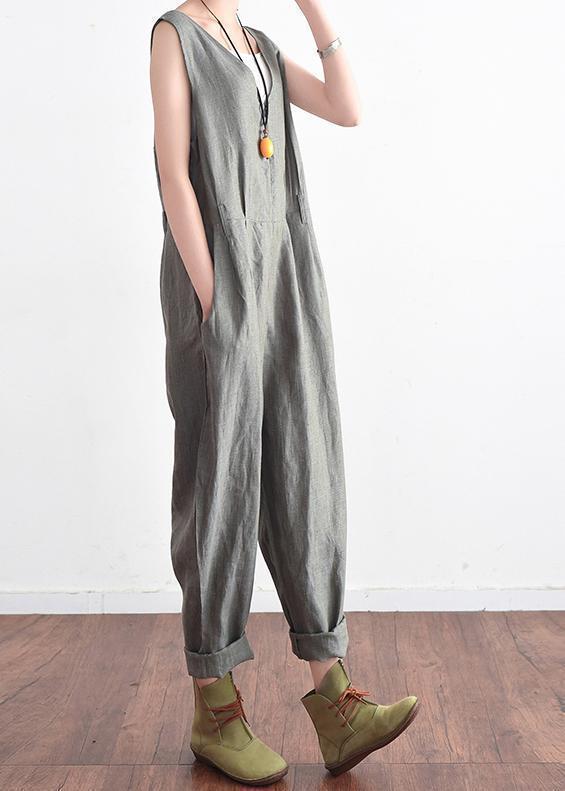 French v neck jumpsuit pants linen clothes Plus Size Outfits gray daily summer dylinoshop