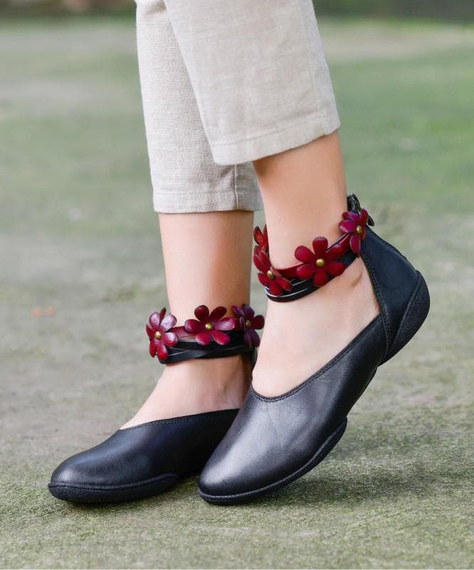Genuine Leather Black Flat Shoes For Women Buckle Strap Flat Shoes For Women PDX210609