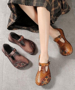 Genuine Leather Brown Flat Shoes Embossed Flats PDX210617