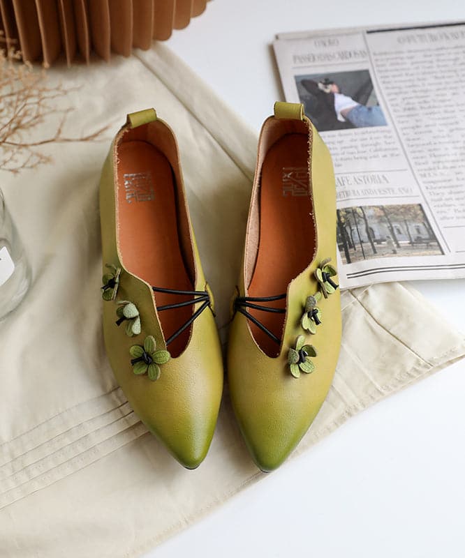 Green Asymmetrical Floral Flat Shoes Pointed Toe Cowhide Leather Flat Shoes For Women BX-PDX220407