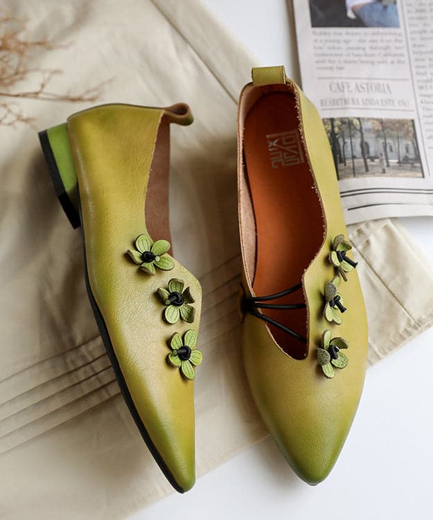 Green Asymmetrical Floral Flat Shoes Pointed Toe Cowhide Leather Flat Shoes For Women BX-PDX220407