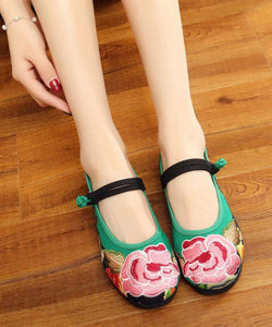 Green Flat Shoes Embroideried Comfy Cotton Fabric Buckle Strap Flat Shoes For Women SHOE-PDX220328