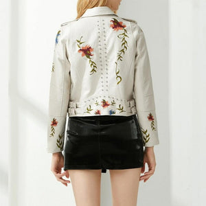Women Retro Floral Print Embroidery Faux Soft Leather Jacket dylinoshop