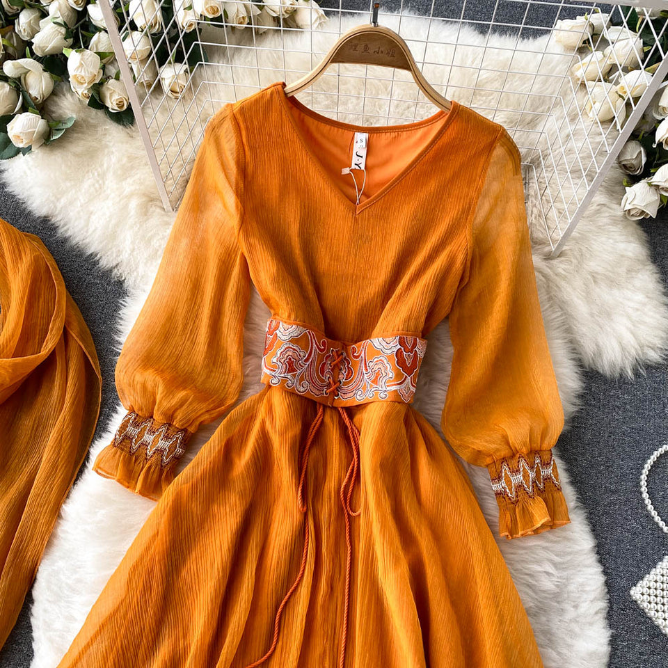 Women Retro Embroidered Vestidos V Neck Elegant Dress dylinoshop
