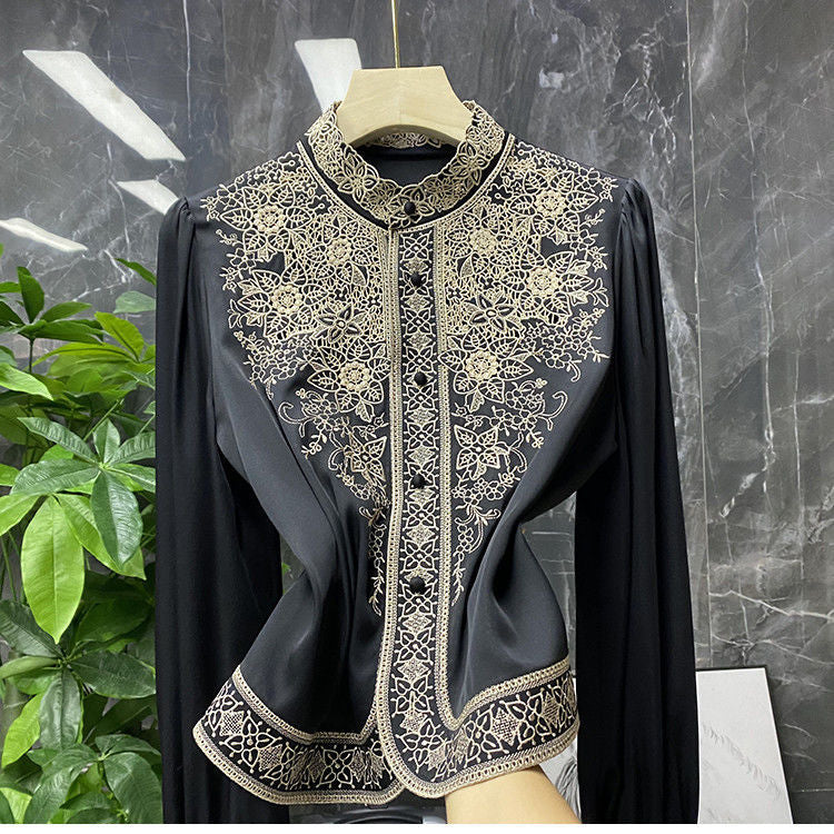 Women Embroidery Vintage Blusas De Mujer Stand Collar Blouse dylinoshop