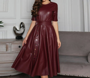 Women Vintage A Line Leather Short Sleeve O Neck Dress dylinoshop